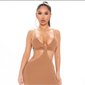 Fashion Nova Tan Ribbed Cutout Mini Dress